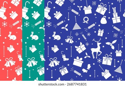 Christmas seamless pattern with festive icons on colorful backgrounds, including gifts and reindeer vector