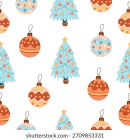 Navidades sin patrón con adornos festivos y árboles decorados estilizados en colores pastel