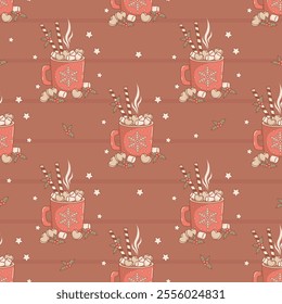 Christmas Seamless pattern with Festive red cup with Hot Cocoa with Marshmallows on Mocha Mousse brown background with stars. New Year backdrop. Vector illustration