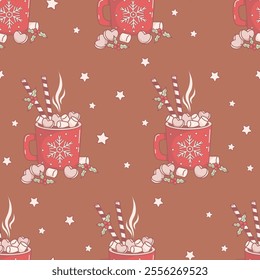 Christmas Seamless pattern with Festive red cup with Hot Cocoa with Marshmallows on Mocha Mousse brown background with stars. New Year 2025 backdrop. Vector illustration