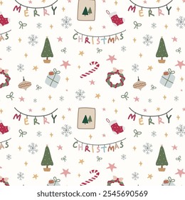 Christmas seamless pattern with festive winter holidays element, christmas tree, sock, candy canes, gift and wreath. Pattern design for seasonal decoration, wrapping paper, holiday theme projects.