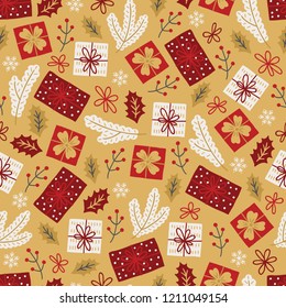 Christmas seamless pattern with fir branches, holly leaves, berries, bows, gifts and snowflakes on gold background. Perfect for holiday invitations, winter greeting cards, wallpaper and gift paper 