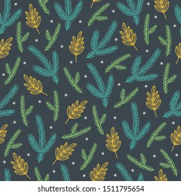 Christmas seamless pattern with fir branches, leaves and snowflakes on dark background. Perfect for greeting cards, wallpaper, gift paper, winter decorations