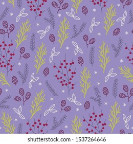 Christmas seamless pattern with fir branches, berries, cones, leaves and snowflakes on violet background. Scandinavian style. Perfect for greeting cards, wallpaper, gift paper, winter decorations