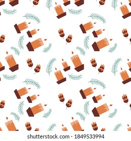 Christmas seamless pattern with fir branches, burning wax candles and pine cones on a white background. Merry Christmas and Happy New Year. Wrapping paper, fabric print or packaging. Holiday vector