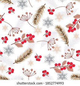 Weihnachtsnahtloses Muster mit Tannenbranchenhintergrund, Wintermuster mit holzigen Beeren, Packpapier, Wintergruß, Webseitenhintergrund, Weihnachts- und Neujahrskarten