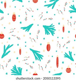 Christmas seamless pattern with fir branches and bright decorations on a white background. Vector illustration New Years wallpaper. Template for printing fabric and wrapping paper.