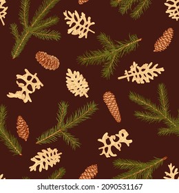 Christmas seamless pattern with fir branches and cones on dark background. Botanical background with coniferous, hand drawn in vector. Engraving style. Green and brown.