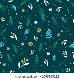 Christmas seamless pattern with fir branches and snowflakes. Winter pattern for wrapping paper with branches, berries and fir trees on a blue background.