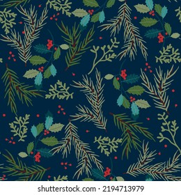 Weihnachten nahtloses Muster mit Tannenästen, Heiligen und Beeren. Vektordesign für Papier, Gewebe und andere Oberflächen