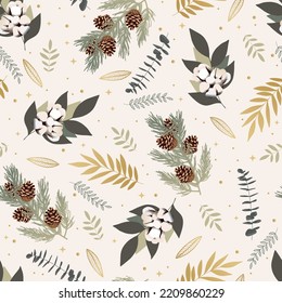 Christmas seamless pattern with fir branches, eucalyptus and cotton.  Illustration isolated on white background. For design, print or background.