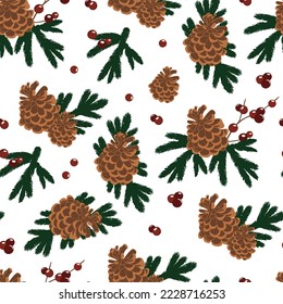 Christmas seamless pattern with fir branches and cones. Pattern for scrapbooking, textile, creativity. Vector, illustration.