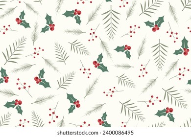 Christmas seamless pattern with fir branches, and berries for greeting cards, Christmas, designs, backgrounds, wallpaper, fabric, wrapping paper, etc.