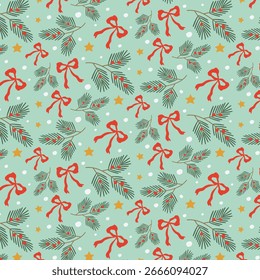 Christmas seamless pattern with fir branches, red berries, bows and stars on light green background. Festive design for fabric, packaging. Vector.