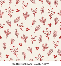 Christmas seamless pattern with fir branches and berries on white background. Perfect for wallpaper, gift paper, winter greeting cards. Vector outline hand drawn illustration