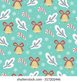 Christmas seamless pattern with fir branches, bells, bows, candies and snowflakes. Perfect for wallpapers, wrapping papers, pattern fills, web page background, Christmas and New Year greeting cards 