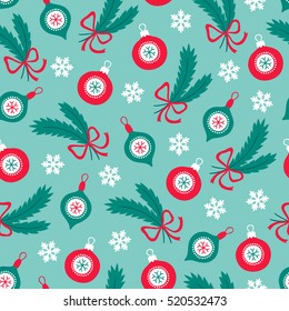 Christmas seamless pattern with fir branches, snowflakes, balls and baubles. Perfect for greeting cards, wallpaper, gift paper, web page background, winter decorations.