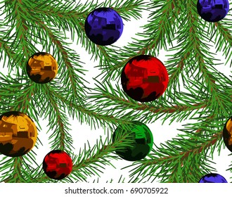 Christmas  seamless pattern with fir branches and shiny Christmas toys 