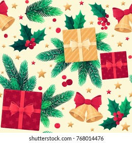 Christmas seamless pattern with fir branches, holly leaves and berries, gift boxes, golden bells with red bow, stars. Top view. Retro vector background
