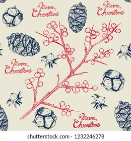 Christmas seamless pattern, fir cones, lettering, hand drawing, vector