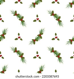 Weihnachtsnahtloses Muster mit Tannen- und Kiefernästen, langen Nadelbäumen und Konen mit roten Beeren für Postkarten und Design. Festliche Dekoration für Neujahr und Winterferien