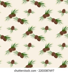 Christmas seamless pattern with fir and pine branches, long coniferous needles and cones for postcards and design. Festive decoration print for New Year and winter holidays
