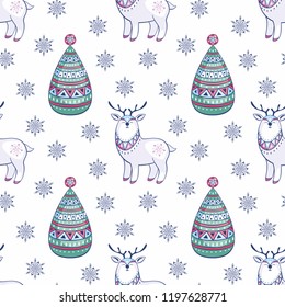 Christmas seamless pattern with fir tree and cute deer. Childhood vector background in ethnic style.