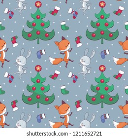 Christmas seamless pattern with fir tree fnd cute animals. Childhood vector background in cartoon style.