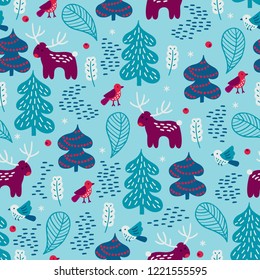 Christmas seamless pattern with fir tree, deer, leaves, snowflakes and bullfinch on light blue background. Perfect for holiday invitations, winter greeting cards, wallpaper and gift paper 