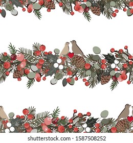 Christmas seamless pattern with fir tree branches, berries, ilex, eucalyptus, birds and pine cones garland. Holidays background isolated on white