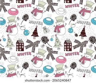 Christmas seamless pattern fir tree, snowman, house.