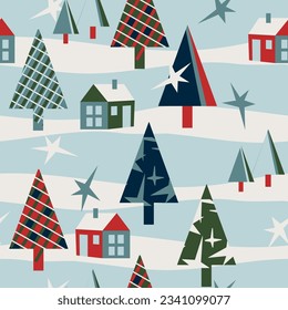 Christmas seamless pattern with fir tree and house. Vector design for paper, fabric and other surface.