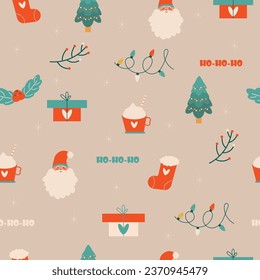 Christmas seamless pattern fir tree, christmas tree, garland, gift, snowflake, santa claus, cup, berries. New Year's and Christmas
