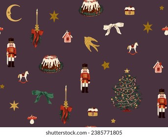 Christmas seamless pattern with fir tree, wreath, candles and nutcracker