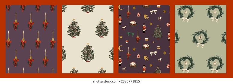 Christmas seamless pattern with fir tree, wreath, candles and other