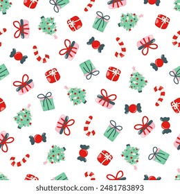 Christmas seamless pattern with fir tree, gifts, candy and sugar cane. Stock isolated image on a white background. Vector hand-drawn illustration.