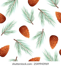 Christmas seamless pattern with fir tree branch and cone