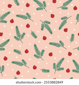 Christmas seamless pattern with fir tree branches and berries. Christmas background. Vector.