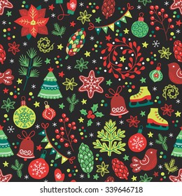 Christmas seamless pattern with fir tree, poinsettia, cone, wreath, ball, bauble, skates, garland, confetti, bird, star, bell, fir branch, cookie, flowers, berry, snowflakes and other holiday symbols