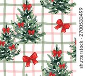 Christmas seamless pattern, fir trees, red bows, gingham background. Vector illustration. Nature design. Season greeting. Winter holidays