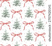 Christmas seamless pattern, fir trees, red bows, stars, white background. Vector illustration. Nature design. Season greeting. Winter holidays wrapping