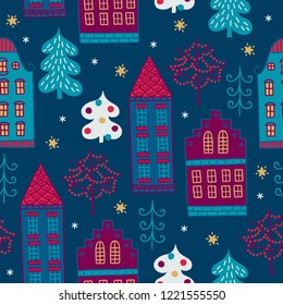 Christmas seamless pattern with fir trees, houses, stars, snowflakes on dark blue background. Perfect for holiday invitations, winter greeting cards, wallpaper and gift paper 