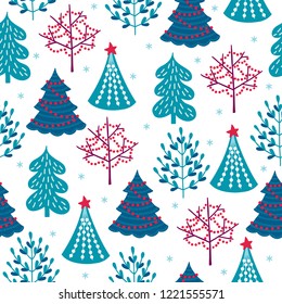 Christmas seamless pattern with fir trees, snowflakes, garlands on white background. Perfect for holiday invitations, winter greeting cards, wallpaper and gift paper 