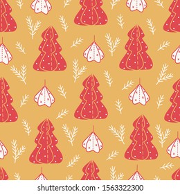 Navidad sin fisuras con abetos y ramas sobre fondo dorado. Perfecto para tarjetas de felicitación, papel pintado, papel de regalo, decoraciones de invierno