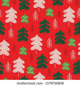 Christmas seamless pattern with fir trees on red background. Perfect for greeting cards, wallpaper, gift paper, winter decorations