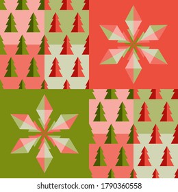 Christmas seamless pattern with fir trees and snowflakes. Colorful background in green and red. For Christmas, New Year, winter design