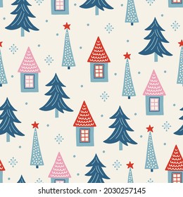 Christmas seamless pattern with fir trees, snowflakes, houses on white background. Scandinavian style. Perfect for winter holidays, xmas wallpaper, wrapping paper, fabric. Vector illustration