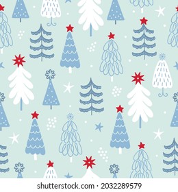 Christmas seamless pattern with fir trees, stars, snowflakes on light background. Scandinavian style. Perfect for winter holidays, xmas wallpaper, wrapping paper, fabric. Vector illustration