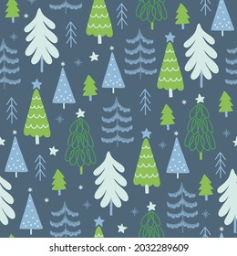 Patrón de Navidad sin costuras con abetos, estrellas, copos de nieve sobre fondo azul. Estilo escandinavo. Perfecto para vacaciones de invierno, papel pintado de Navidad, papel de envoltura, tela. Ilustración del vector
