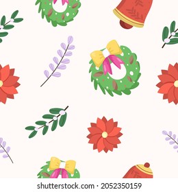 christmas seamless pattern with fir trees and berries